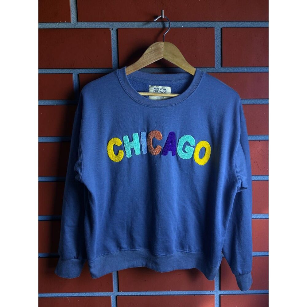 New York Popular Chicago Chenille Embroidered Crewneck Sweatshirt Large Blue